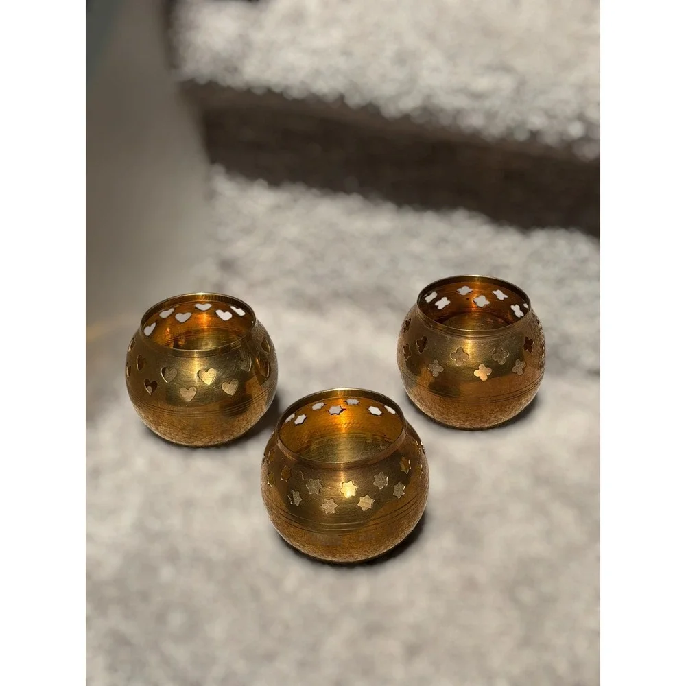 Vintage Brass Cut Out Candle‎ Holders Set of 3 Boho India Hollywood Regency